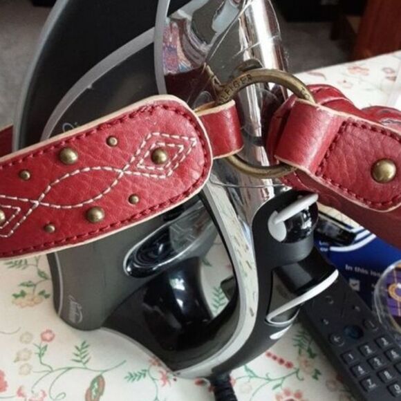 Tommy Hilfiger Handbag Studded Embroidered Leather Strap Tasseled Red - Picture 8 of 14